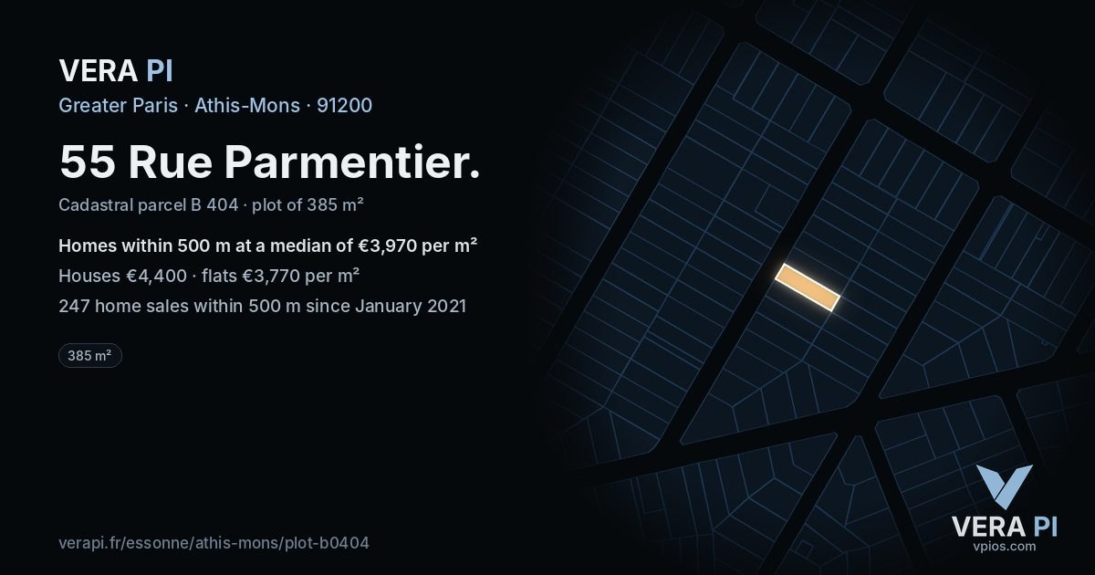 55 Rue Parmentier, Athis-Mons at night – the plot lit, the parcels around coloured by the prices near them