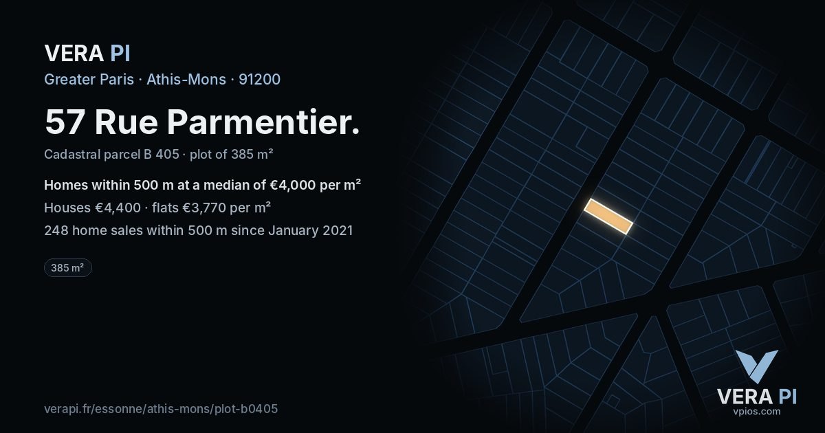 57 Rue Parmentier, Athis-Mons at night – the plot lit, the parcels around coloured by the prices near them