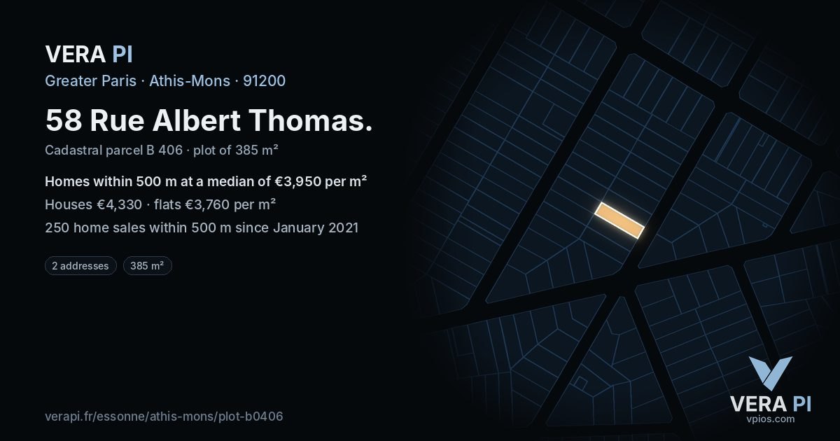 58 Rue Albert Thomas, Athis-Mons at night – the plot lit, the parcels around coloured by the prices near them