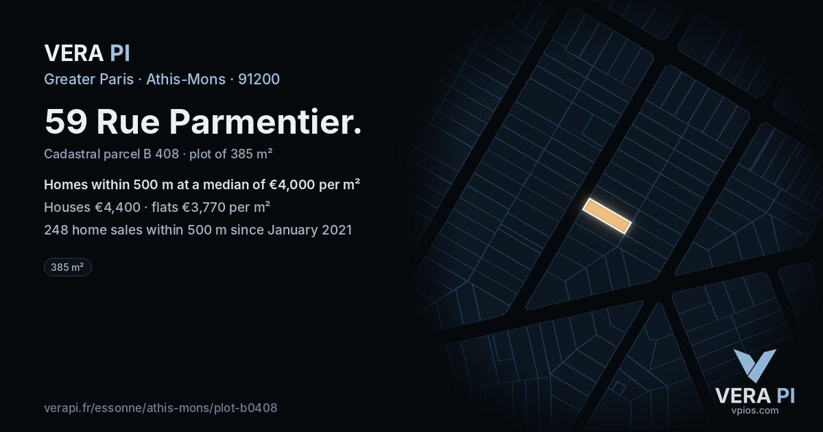 59 Rue Parmentier, Athis-Mons at night – the plot lit, the parcels around coloured by the prices near them