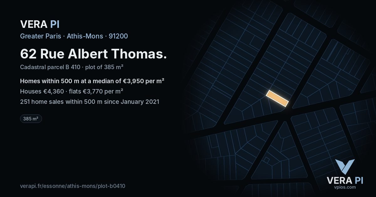 62 Rue Albert Thomas, Athis-Mons at night – the plot lit, the parcels around coloured by the prices near them