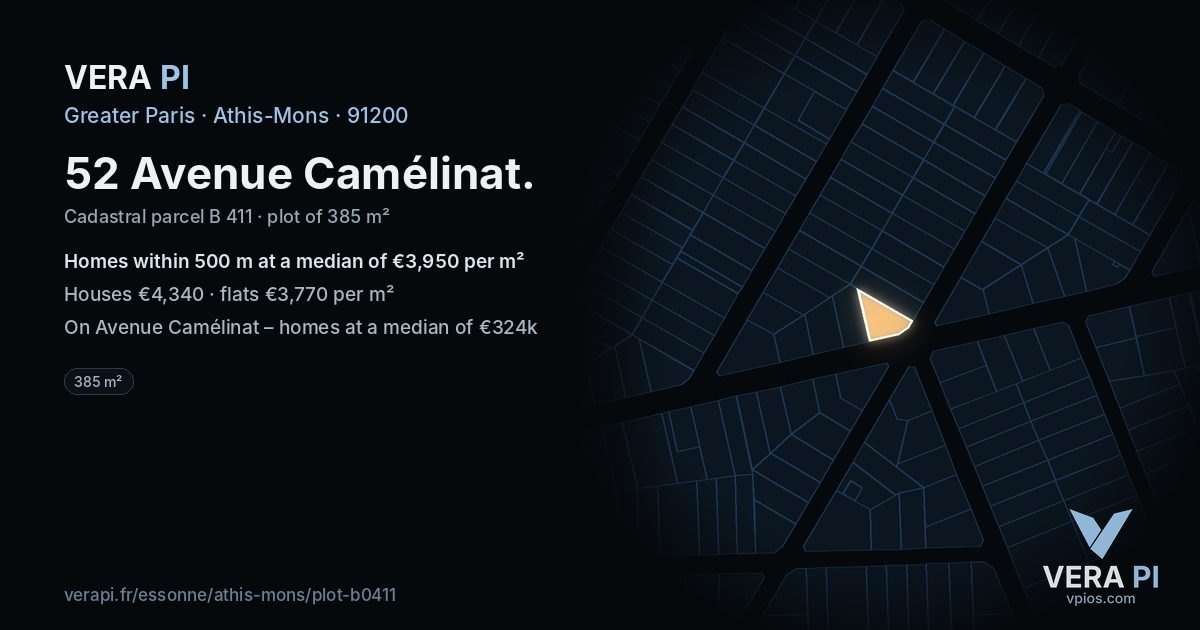 52 Avenue Camélinat, Athis-Mons at night – the plot lit, the parcels around coloured by the prices near them