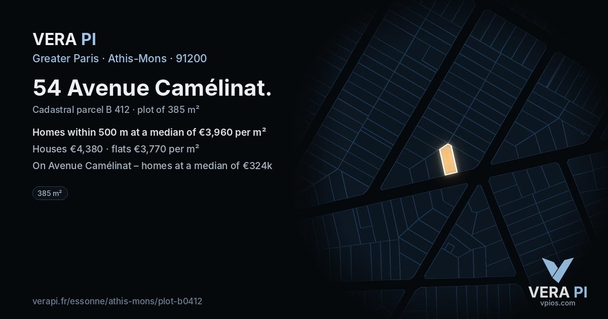 54 Avenue Camélinat, Athis-Mons at night – the plot lit, the parcels around coloured by the prices near them