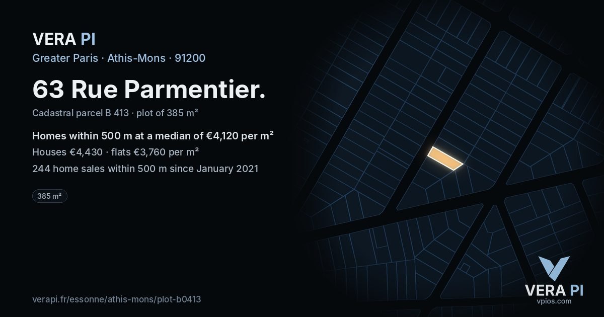 63 Rue Parmentier, Athis-Mons at night – the plot lit, the parcels around coloured by the prices near them