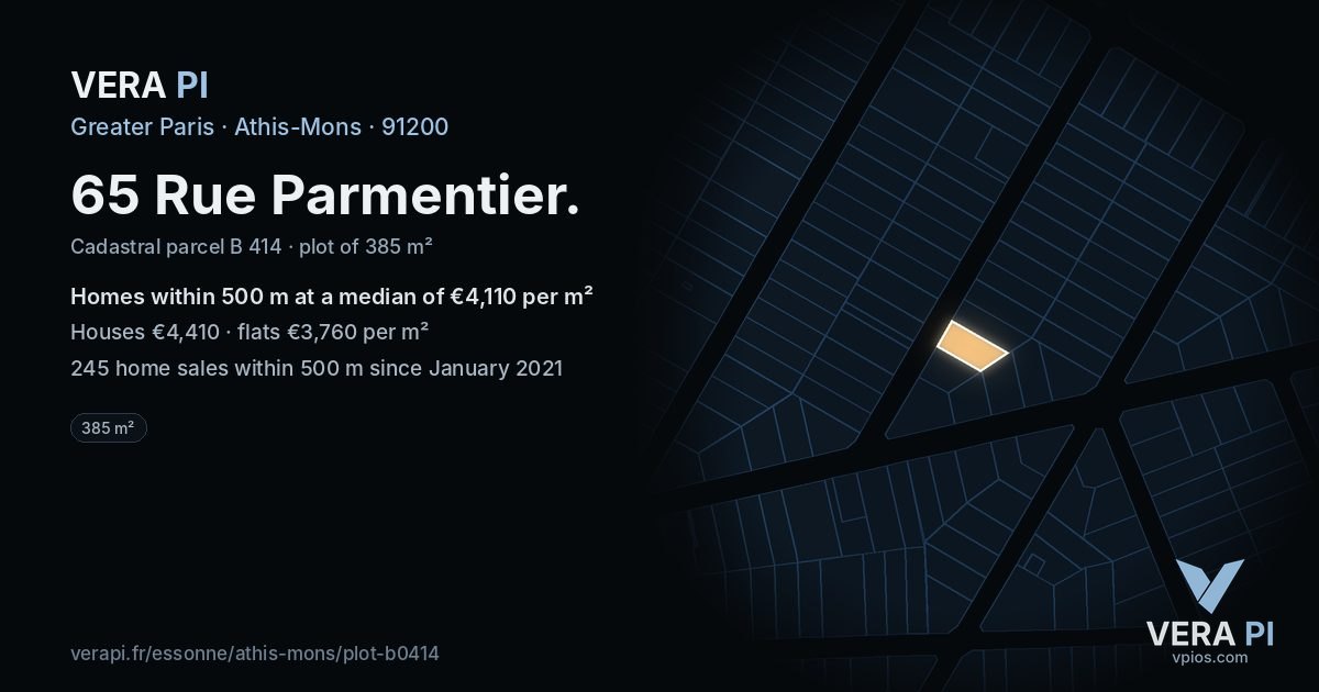 65 Rue Parmentier, Athis-Mons at night – the plot lit, the parcels around coloured by the prices near them