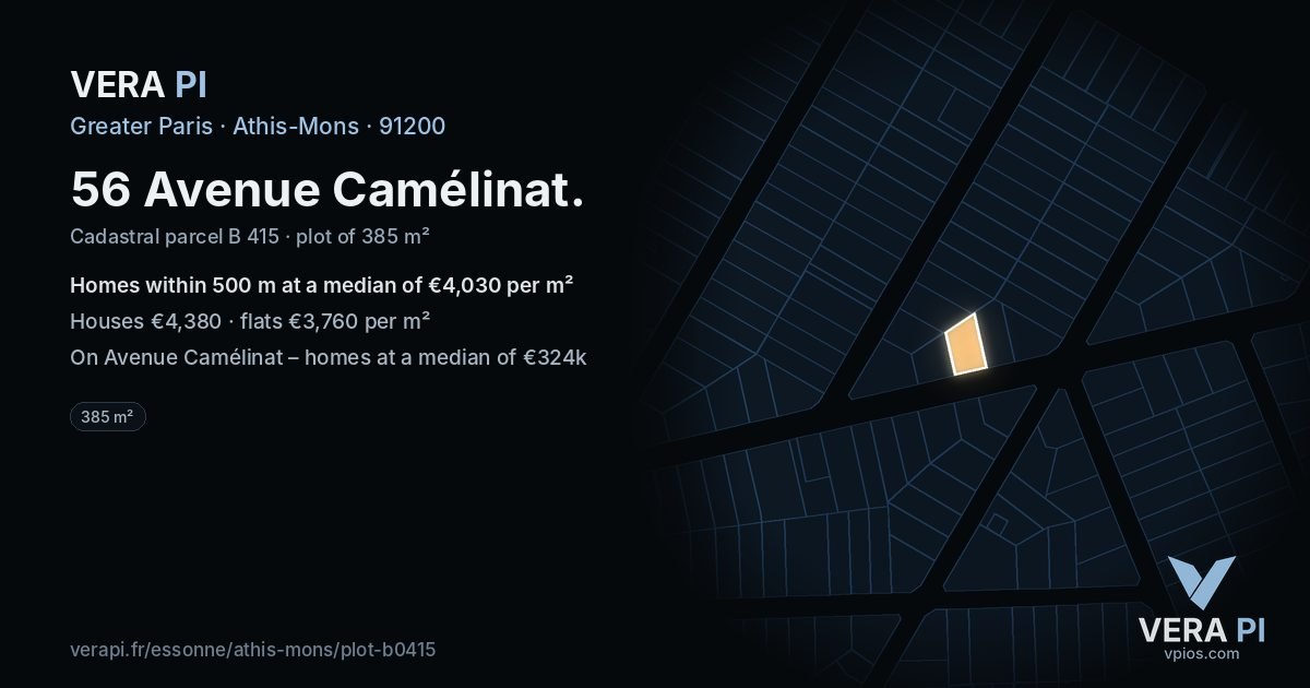 56 Avenue Camélinat, Athis-Mons at night – the plot lit, the parcels around coloured by the prices near them