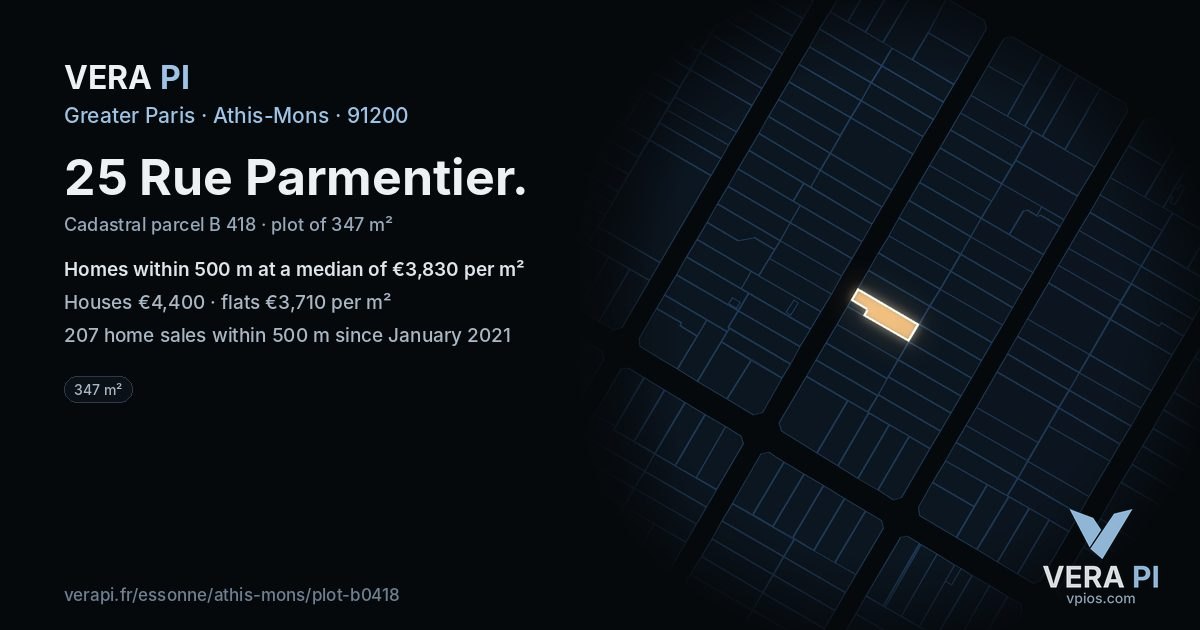 25 Rue Parmentier, Athis-Mons at night – the plot lit, the parcels around coloured by the prices near them