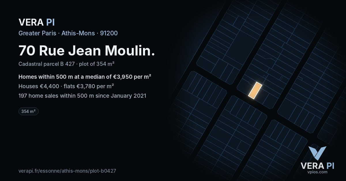 70 Rue Jean Moulin, Athis-Mons at night – the plot lit, the parcels around coloured by the prices near them