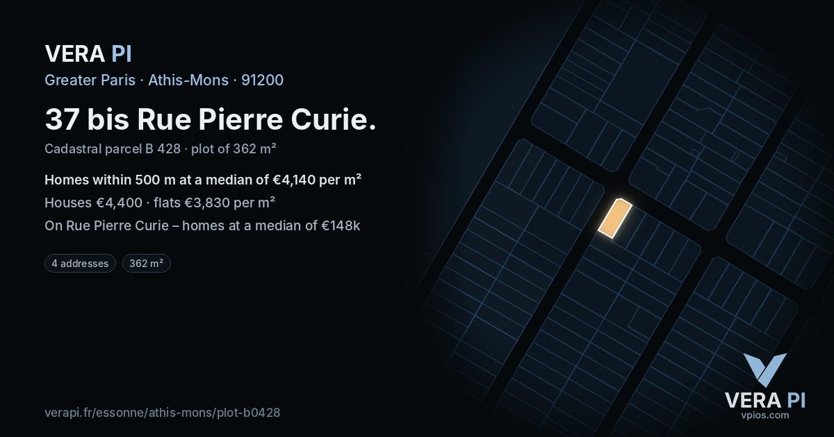 37 bis Rue Pierre Curie, Athis-Mons at night – the plot lit, the parcels around coloured by the prices near them