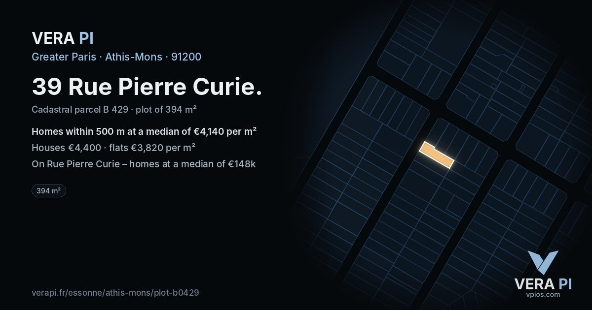 39 Rue Pierre Curie, Athis-Mons at night – the plot lit, the parcels around coloured by the prices near them