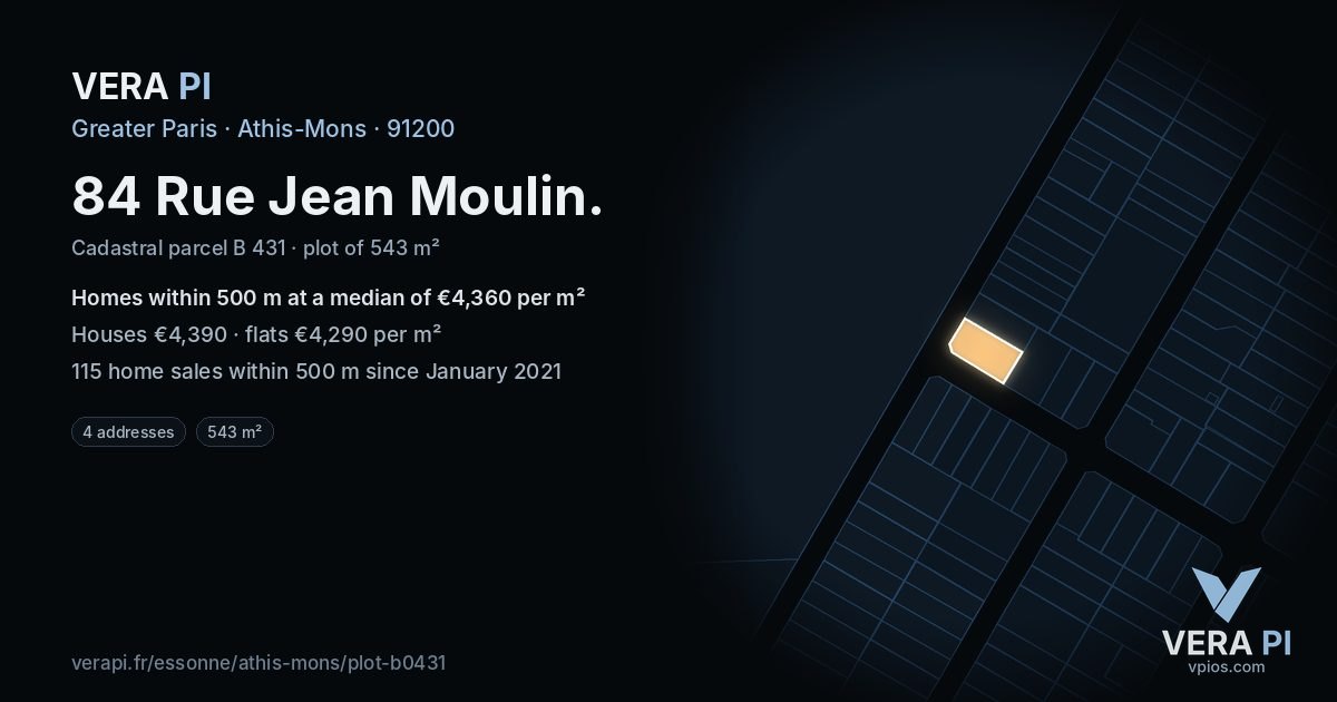84 Rue Jean Moulin, Athis-Mons at night – the plot lit, the parcels around coloured by the prices near them