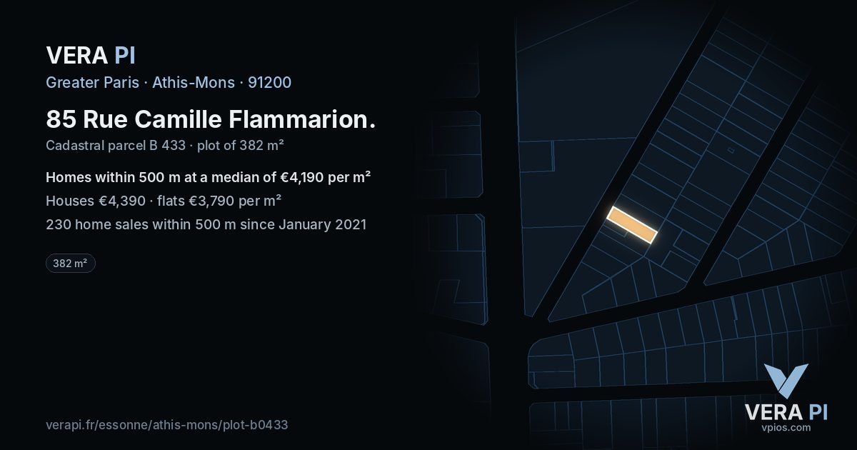 85 Rue Camille Flammarion, Athis-Mons at night – the plot lit, the parcels around coloured by the prices near them