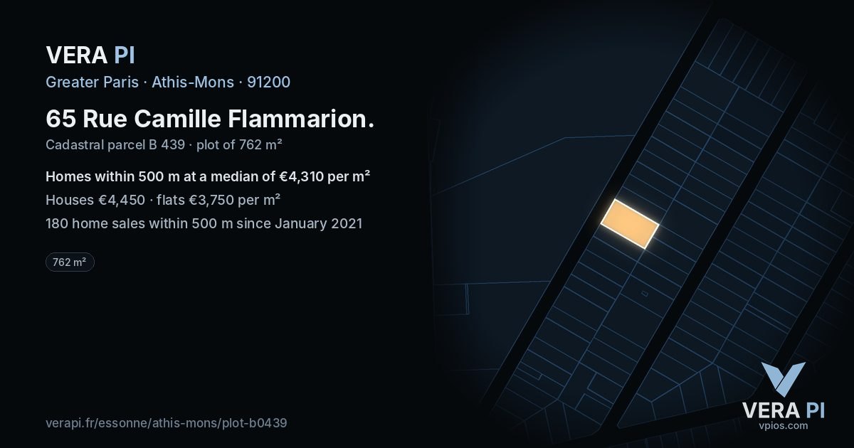 65 Rue Camille Flammarion, Athis-Mons at night – the plot lit, the parcels around coloured by the prices near them