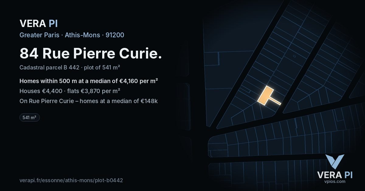 84 Rue Pierre Curie, Athis-Mons at night – the plot lit, the parcels around coloured by the prices near them