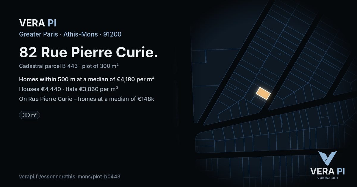 82 Rue Pierre Curie, Athis-Mons at night – the plot lit, the parcels around coloured by the prices near them