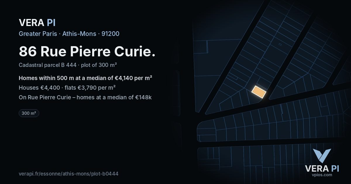 86 Rue Pierre Curie, Athis-Mons at night – the plot lit, the parcels around coloured by the prices near them