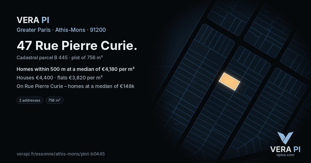47 Rue Pierre Curie, Athis-Mons at night – the plot lit, the parcels around coloured by the prices near them