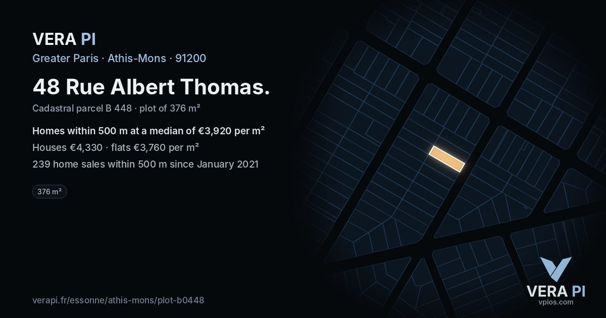 48 Rue Albert Thomas, Athis-Mons at night – the plot lit, the parcels around coloured by the prices near them