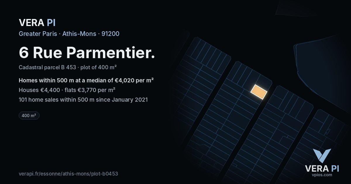 6 Rue Parmentier, Athis-Mons at night – the plot lit, the parcels around coloured by the prices near them
