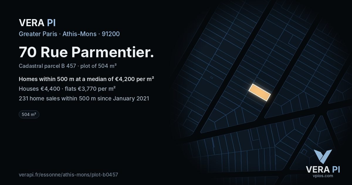 70 Rue Parmentier, Athis-Mons at night – the plot lit, the parcels around coloured by the prices near them