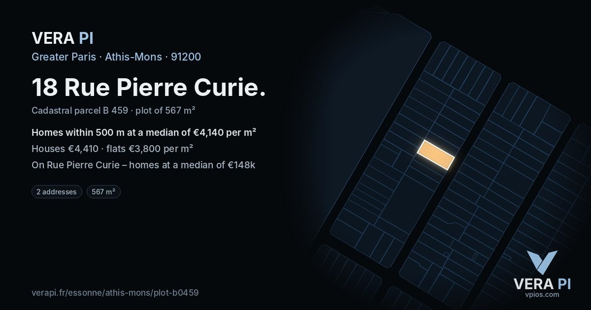 18 Rue Pierre Curie, Athis-Mons at night – the plot lit, the parcels around coloured by the prices near them