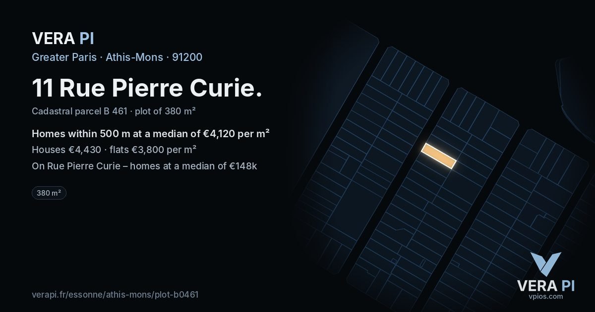 11 Rue Pierre Curie, Athis-Mons at night – the plot lit, the parcels around coloured by the prices near them