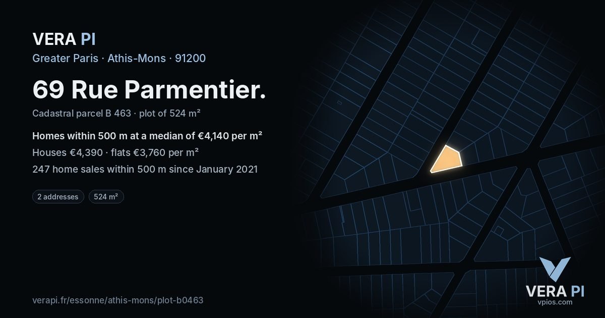 69 Rue Parmentier, Athis-Mons at night – the plot lit, the parcels around coloured by the prices near them