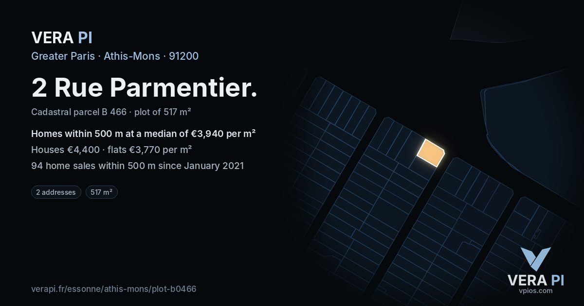 2 Rue Parmentier, Athis-Mons at night – the plot lit, the parcels around coloured by the prices near them
