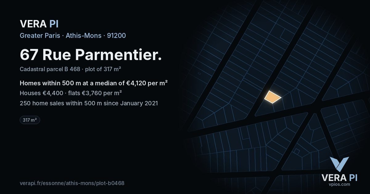 67 Rue Parmentier, Athis-Mons at night – the plot lit, the parcels around coloured by the prices near them