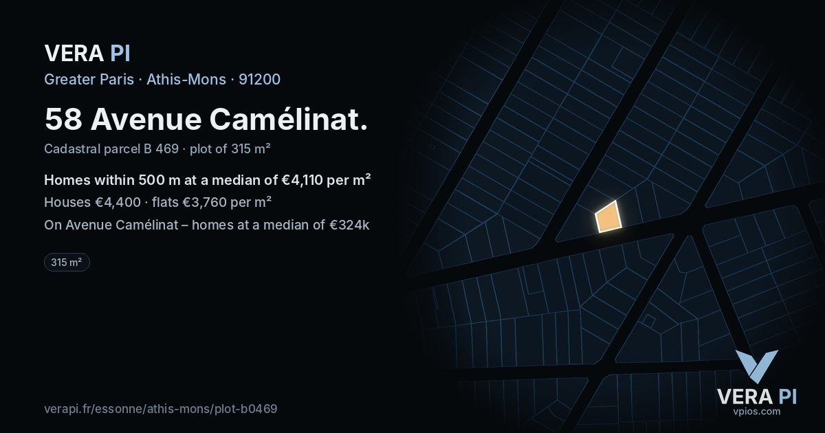 58 Avenue Camélinat, Athis-Mons at night – the plot lit, the parcels around coloured by the prices near them