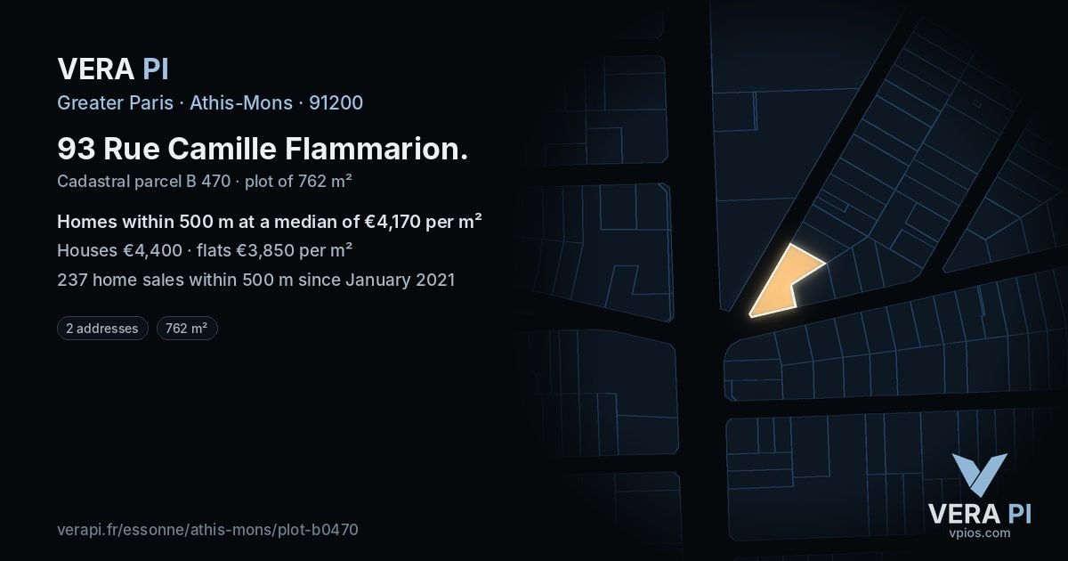 93 Rue Camille Flammarion, Athis-Mons at night – the plot lit, the parcels around coloured by the prices near them
