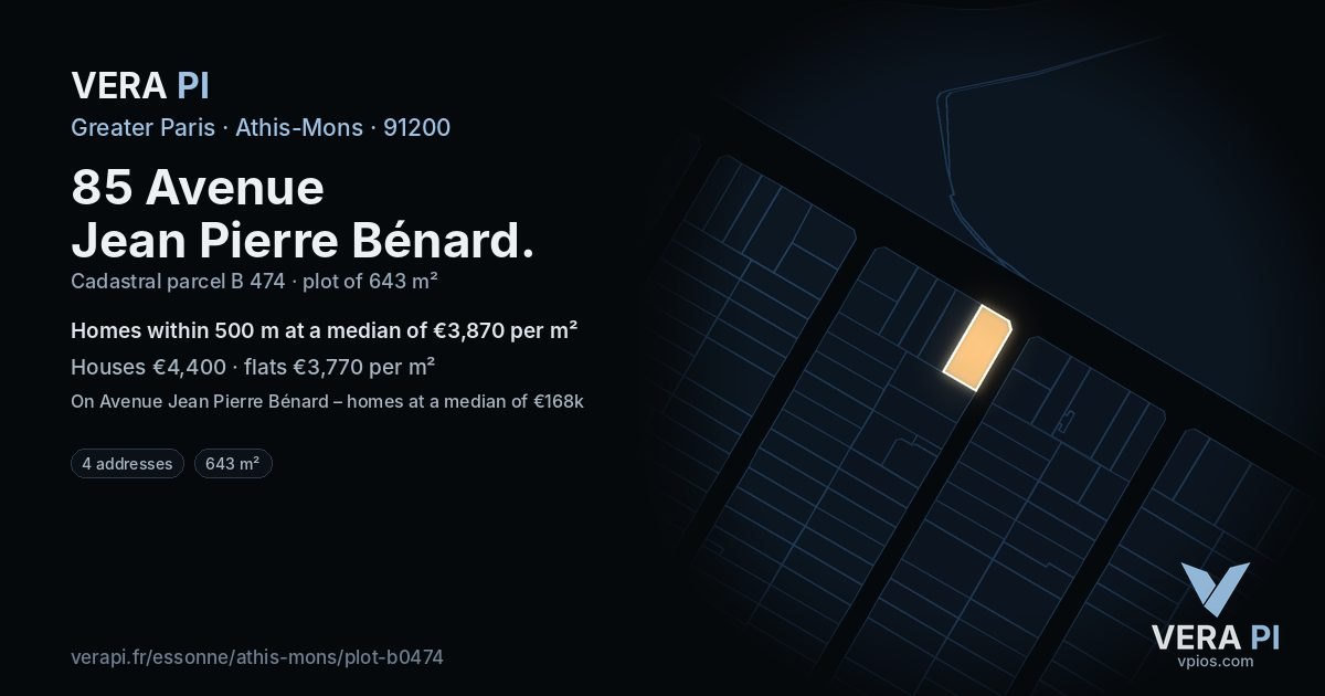 85 Avenue Jean Pierre Bénard, Athis-Mons at night – the plot lit, the parcels around coloured by the prices near them