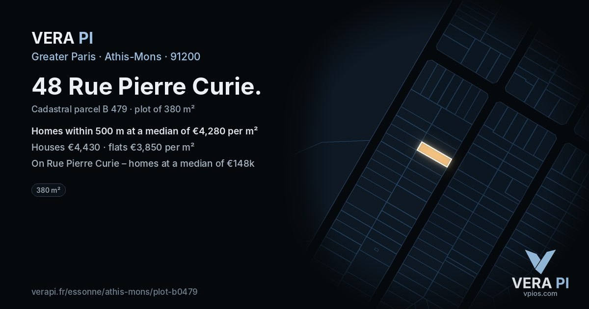 48 Rue Pierre Curie, Athis-Mons at night – the plot lit, the parcels around coloured by the prices near them