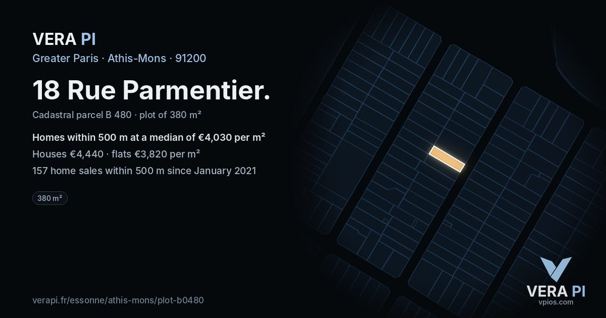 18 Rue Parmentier, Athis-Mons at night – the plot lit, the parcels around coloured by the prices near them