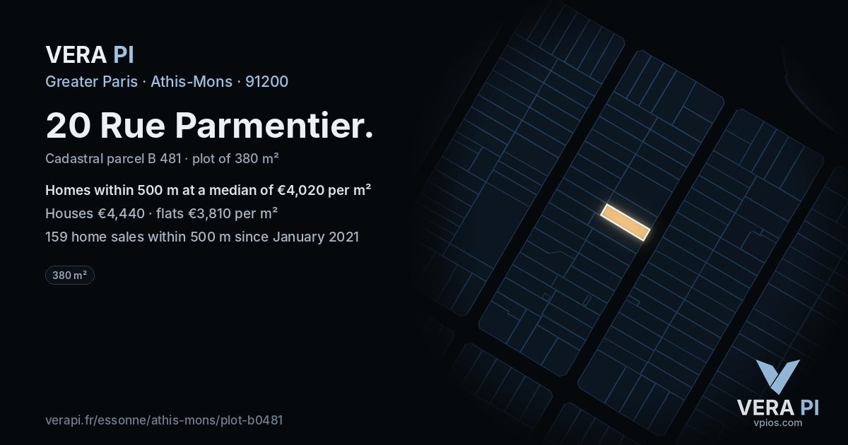 20 Rue Parmentier, Athis-Mons at night – the plot lit, the parcels around coloured by the prices near them