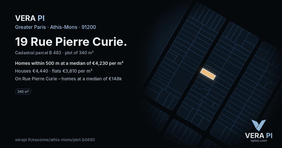 19 Rue Pierre Curie, Athis-Mons at night – the plot lit, the parcels around coloured by the prices near them