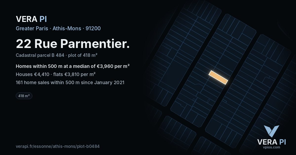 22 Rue Parmentier, Athis-Mons at night – the plot lit, the parcels around coloured by the prices near them