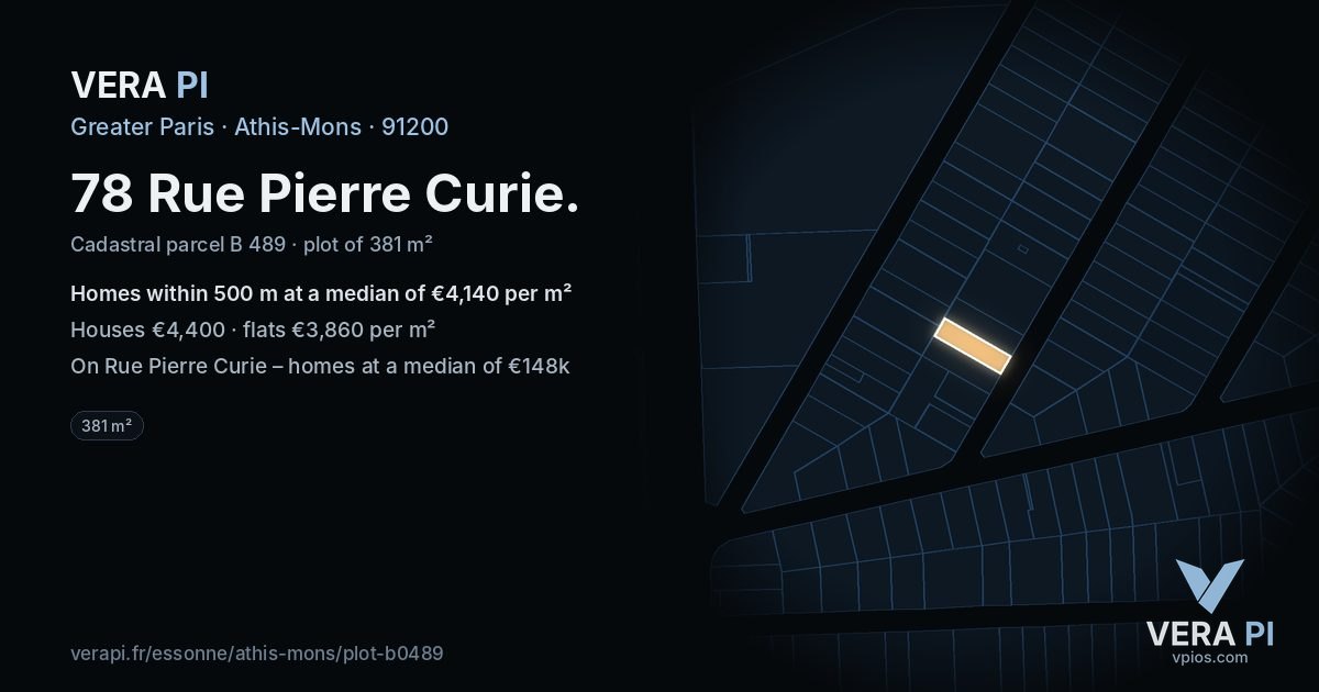 78 Rue Pierre Curie, Athis-Mons at night – the plot lit, the parcels around coloured by the prices near them