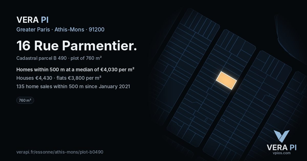 16 Rue Parmentier, Athis-Mons at night – the plot lit, the parcels around coloured by the prices near them