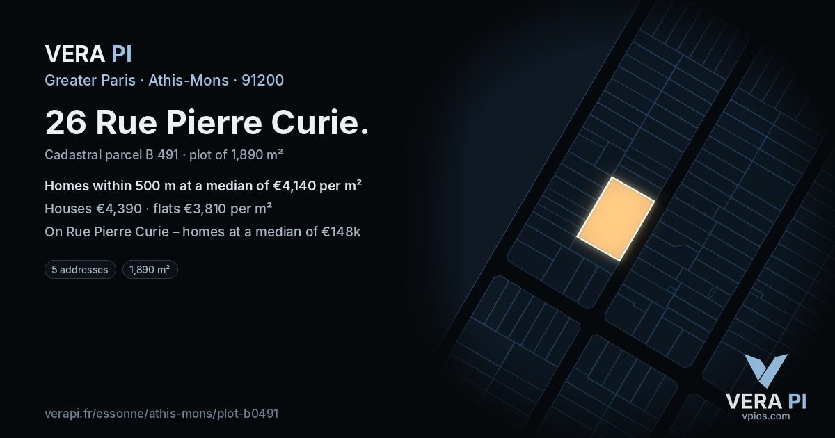 26 Rue Pierre Curie, Athis-Mons at night – the plot lit, the parcels around coloured by the prices near them