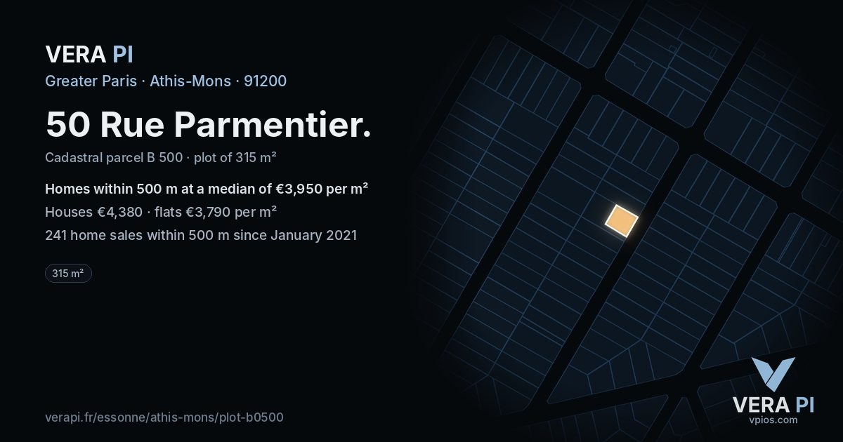 50 Rue Parmentier, Athis-Mons at night – the plot lit, the parcels around coloured by the prices near them