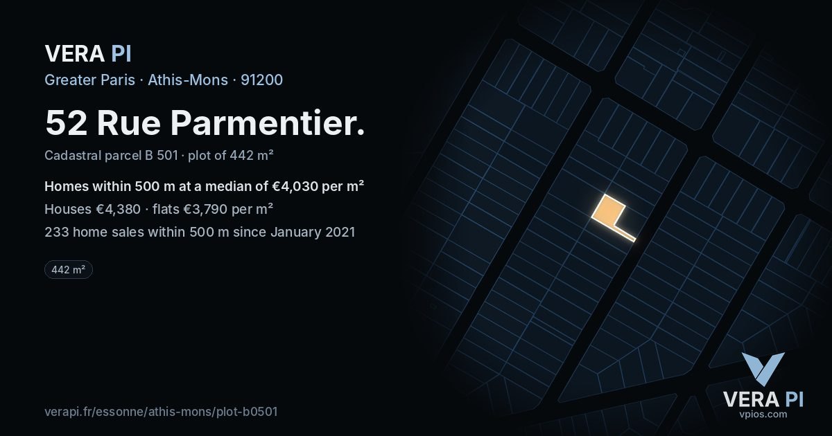 52 Rue Parmentier, Athis-Mons at night – the plot lit, the parcels around coloured by the prices near them