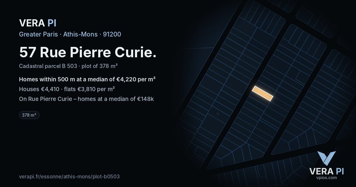 57 Rue Pierre Curie, Athis-Mons at night – the plot lit, the parcels around coloured by the prices near them