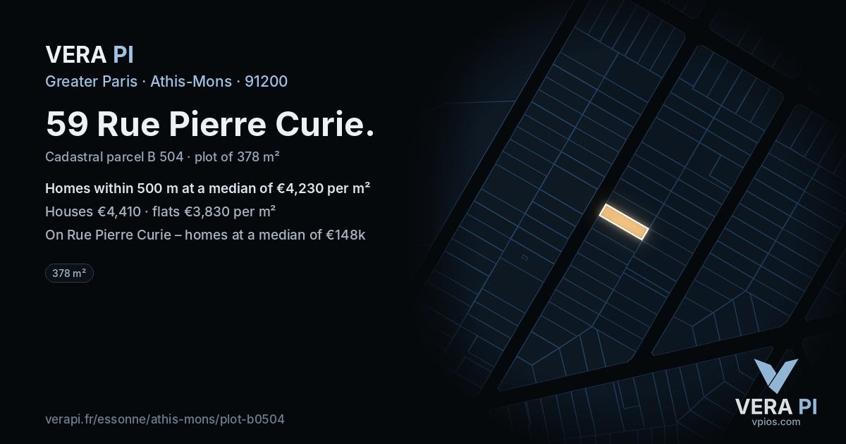 59 Rue Pierre Curie, Athis-Mons at night – the plot lit, the parcels around coloured by the prices near them