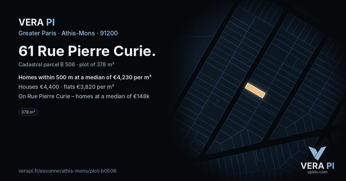 61 Rue Pierre Curie, Athis-Mons at night – the plot lit, the parcels around coloured by the prices near them