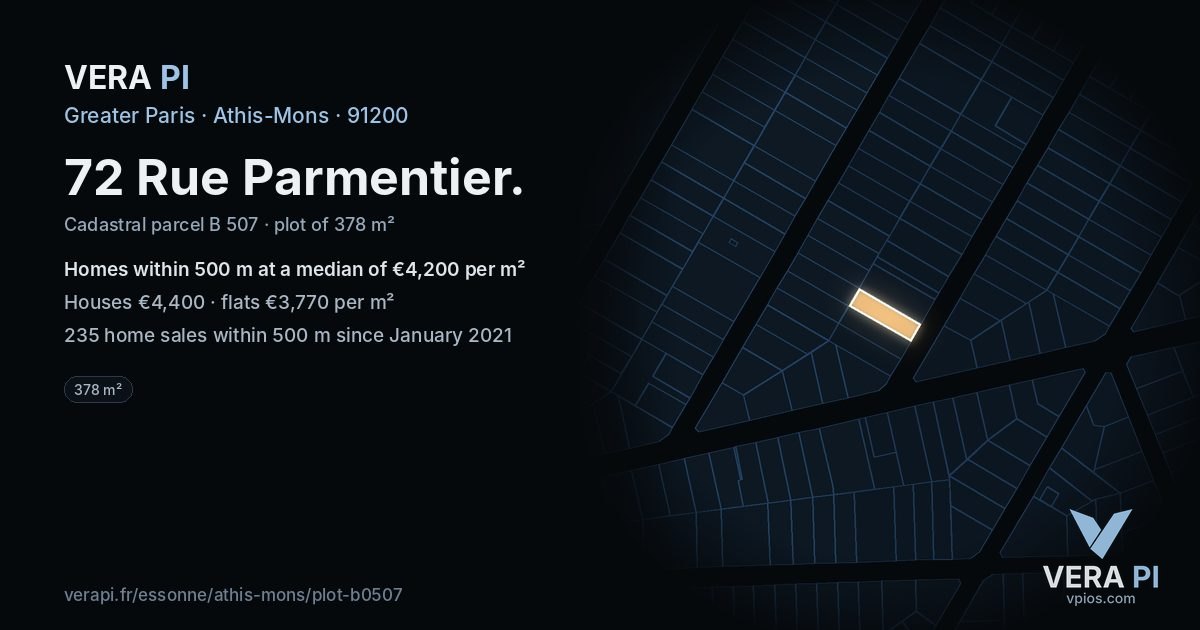 72 Rue Parmentier, Athis-Mons at night – the plot lit, the parcels around coloured by the prices near them