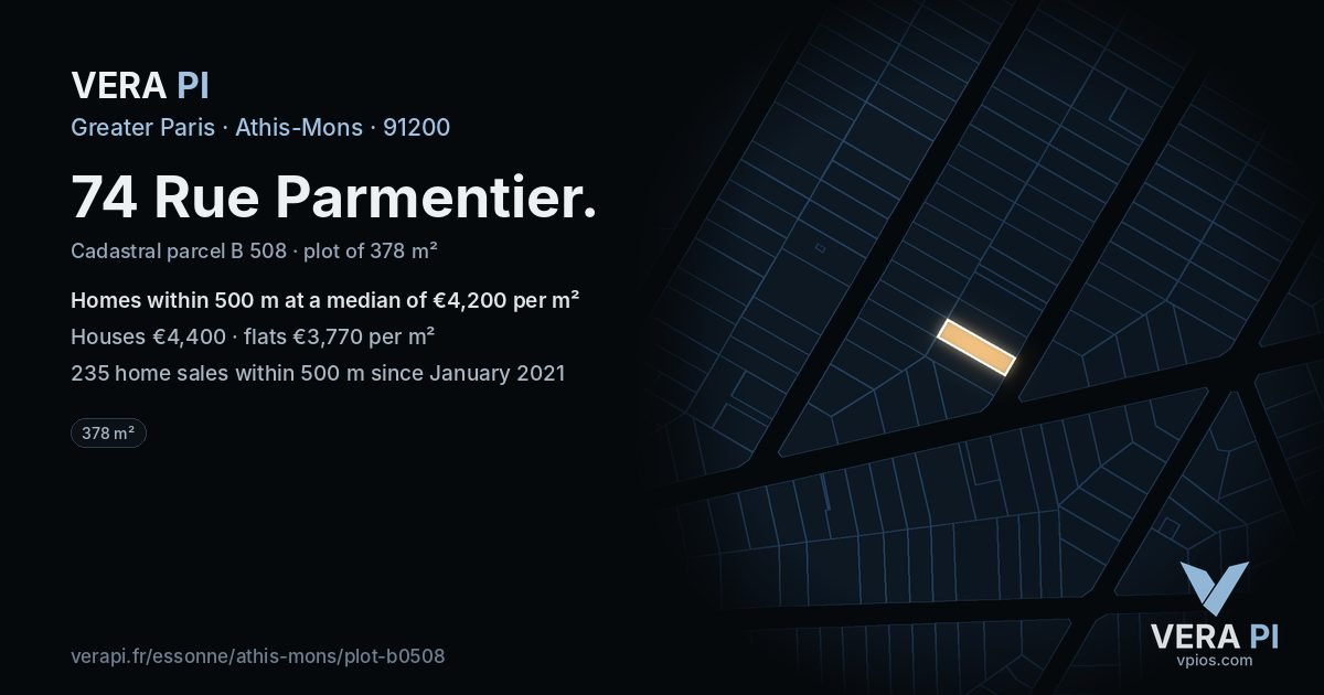 74 Rue Parmentier, Athis-Mons at night – the plot lit, the parcels around coloured by the prices near them