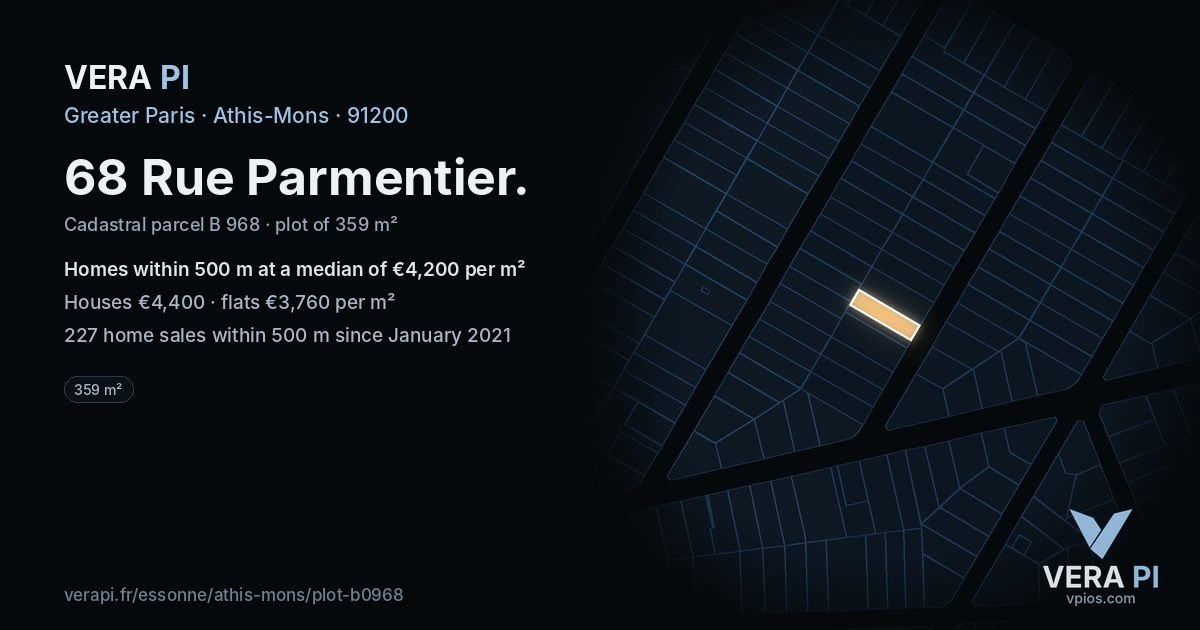 68 Rue Parmentier, Athis-Mons at night – the plot lit, the parcels around coloured by the prices near them