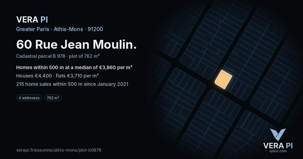 60 Rue Jean Moulin, Athis-Mons at night – the plot lit, the parcels around coloured by the prices near them