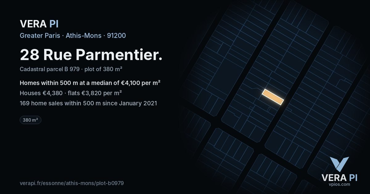 28 Rue Parmentier, Athis-Mons at night – the plot lit, the parcels around coloured by the prices near them